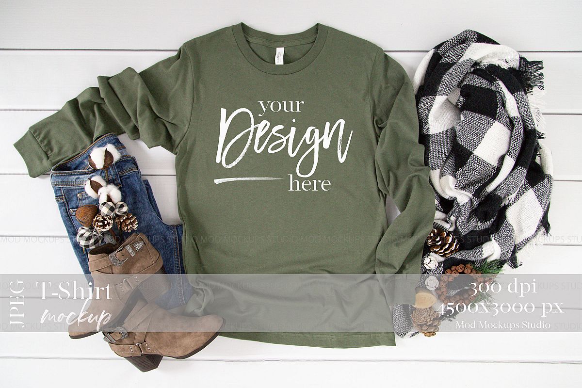 Download Longsleeve Tshirt Mockup Military Green| 3501 Bella Canva (314314) | Mock Ups | Design Bundles