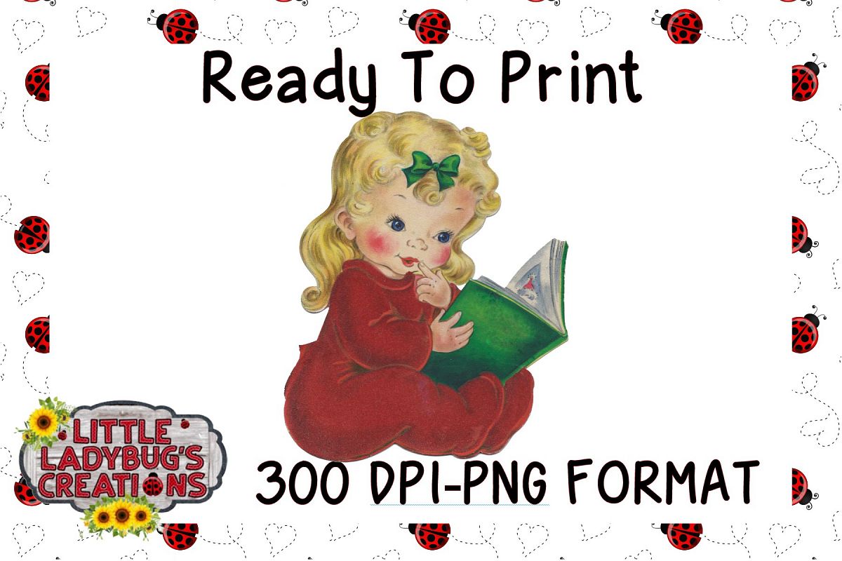 Vintage Pajama Girl 300DPI PNG Printable Digital Design example image 1
