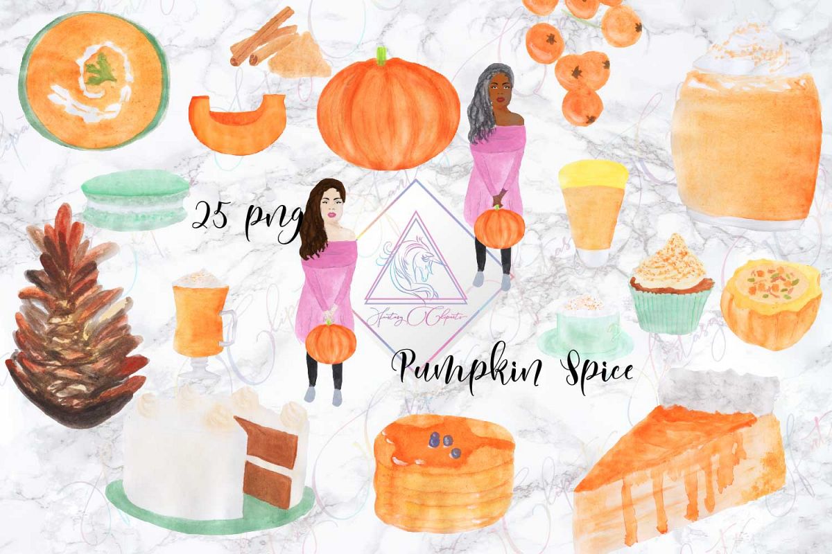 Watercolor Hand Drawn Pumpkin Spice Clipart example image 1
