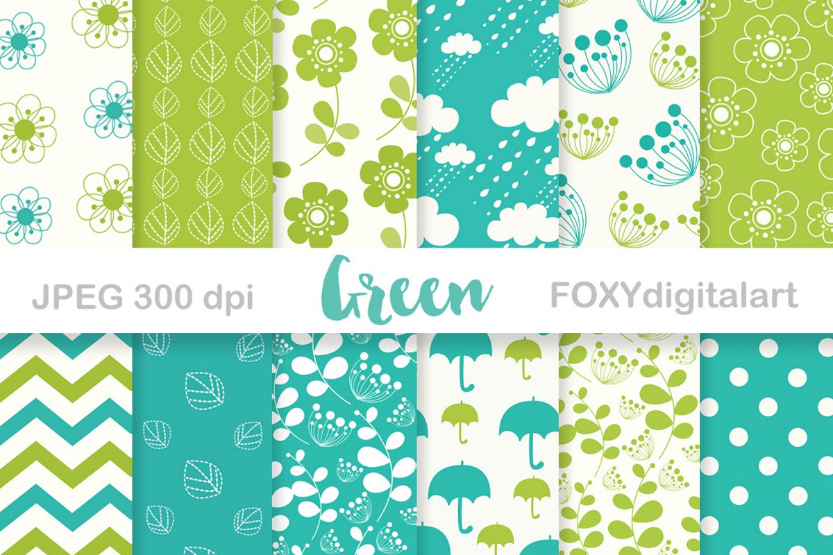 Digital paper floral spring green umbrella retro wedding example image 1