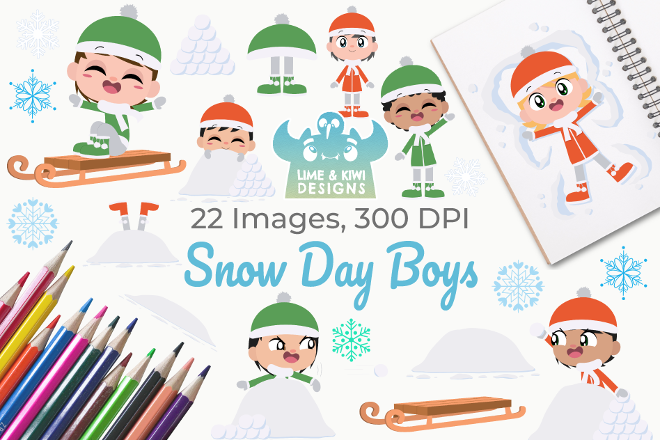 Snow Day Boys Clipart, Instant Download Vector Art example image 1