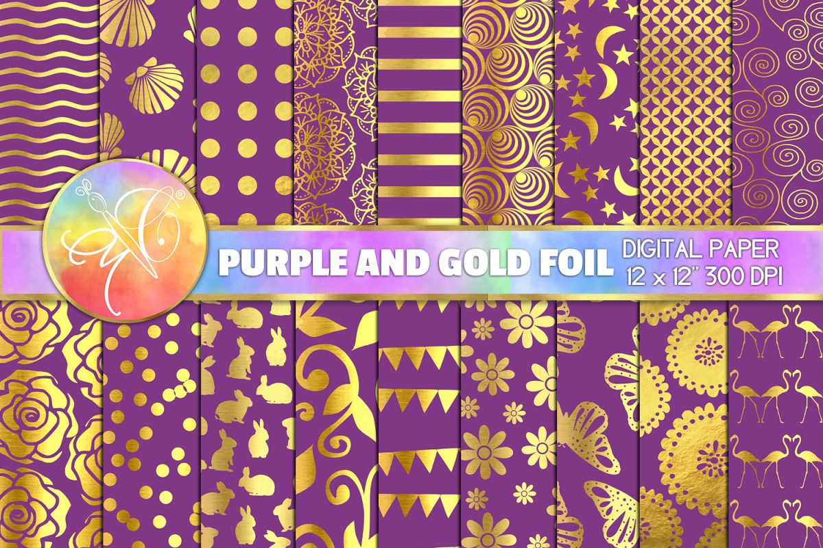 Violet and Gold Foil Digital Paper, 23 Digital Background example image 1