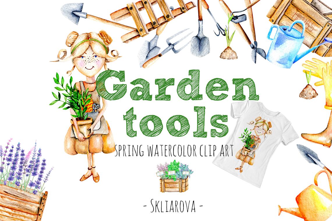 Garden tools Watercolor clip art example image 1