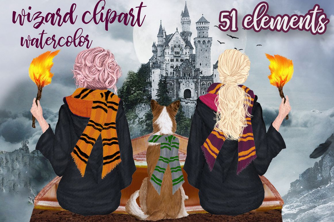 Wizard Girls, Castel Landscape, Dog clipart Wizard friends example image 1