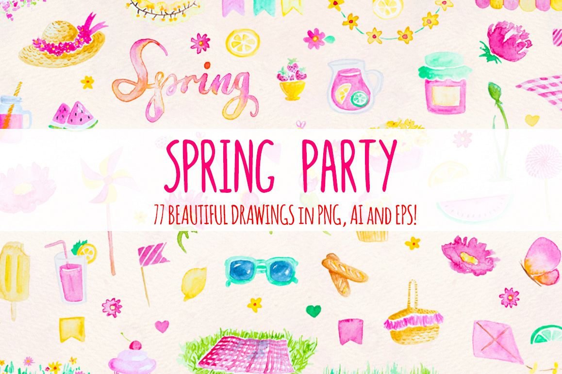 77 Spring Party Pink Lemonade Watercolor Elements example image 1