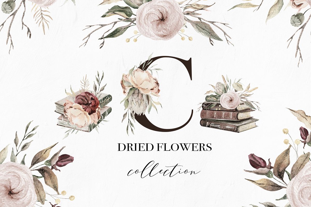 Dried flowers watercolor collection, books and arrangements example image 1