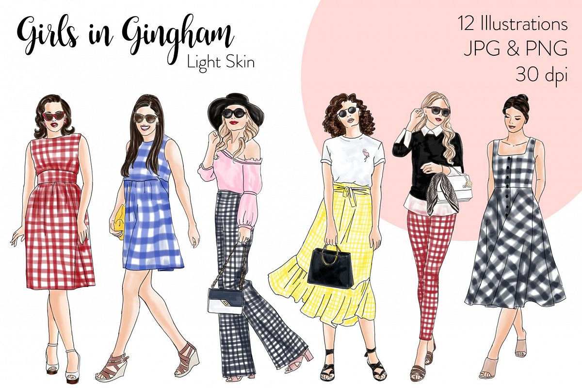 Fashion illustration clipart - Girls in Gingham - Light Skin example image 1