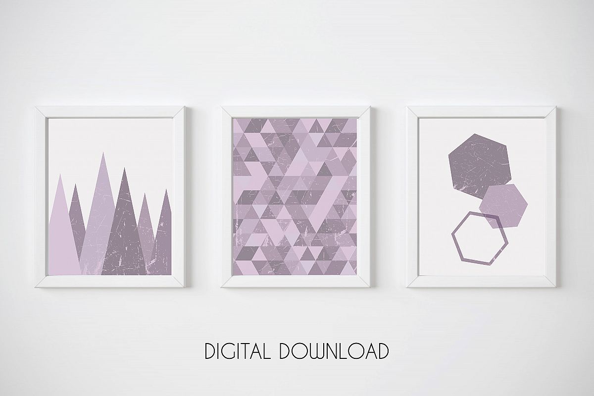 Purple Wall Art Prints, Geometric Print Set, Triangle Poster example image 1