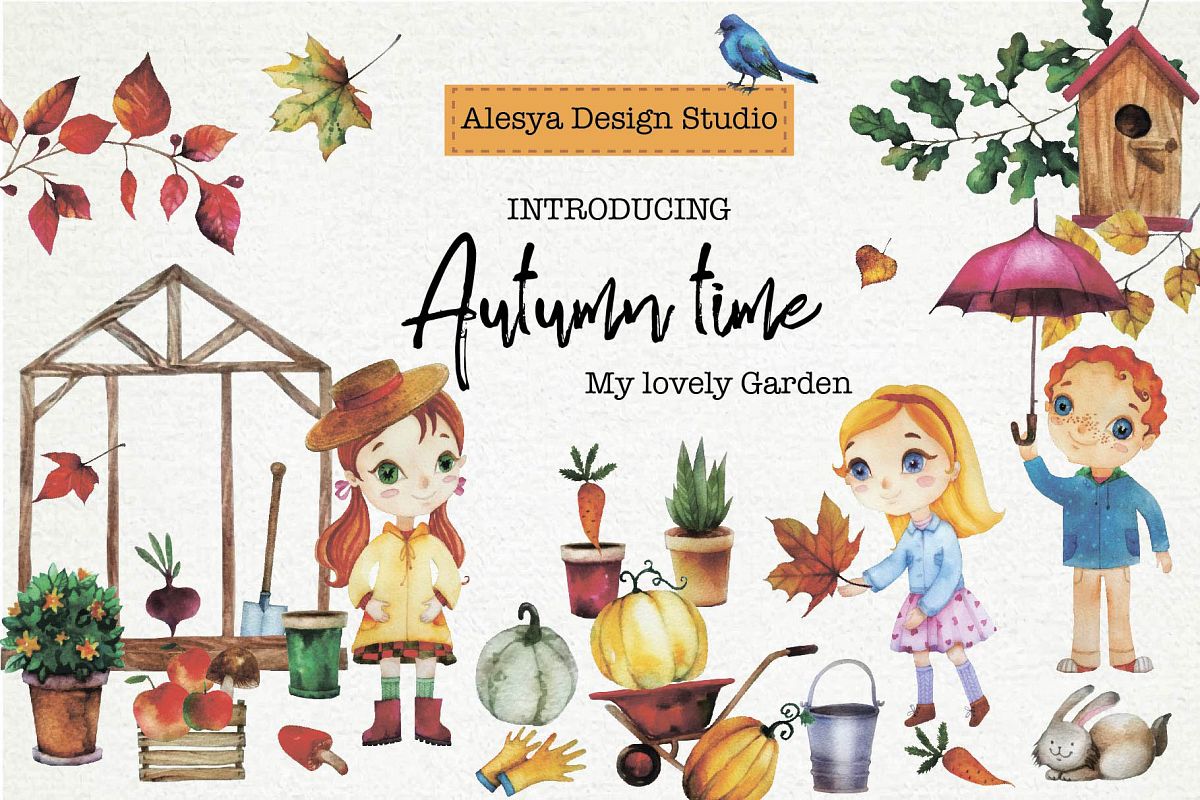 Autumn. My favorite garden. Watercolor illustration. example image 1