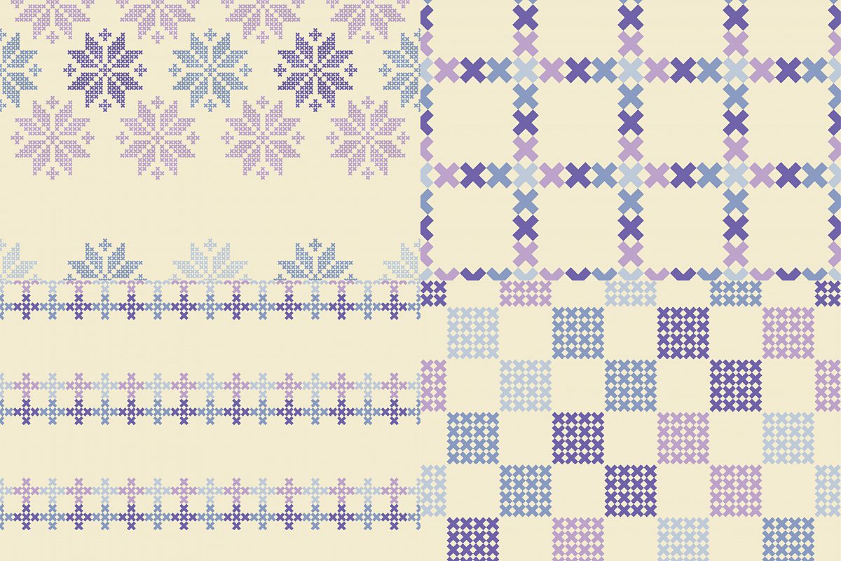 Set of 4 Seamless vector backgrounds cross stitch Norwegian snowflakes. example image 1