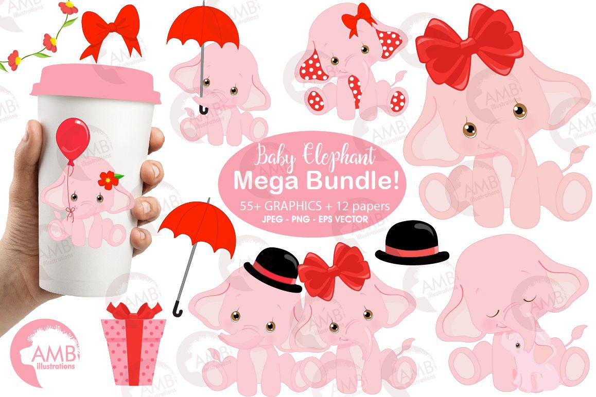 ELEPHANT babies in pink! BUNDLE! 53 cliparts, graphics and illustrations and Patterns AMB-2276 example image 1