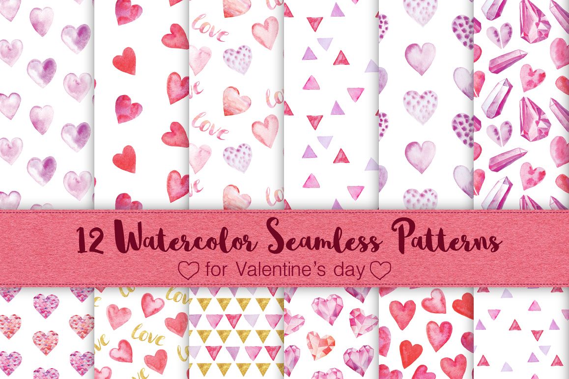12 Watercolor Valentines Patterns example image 1