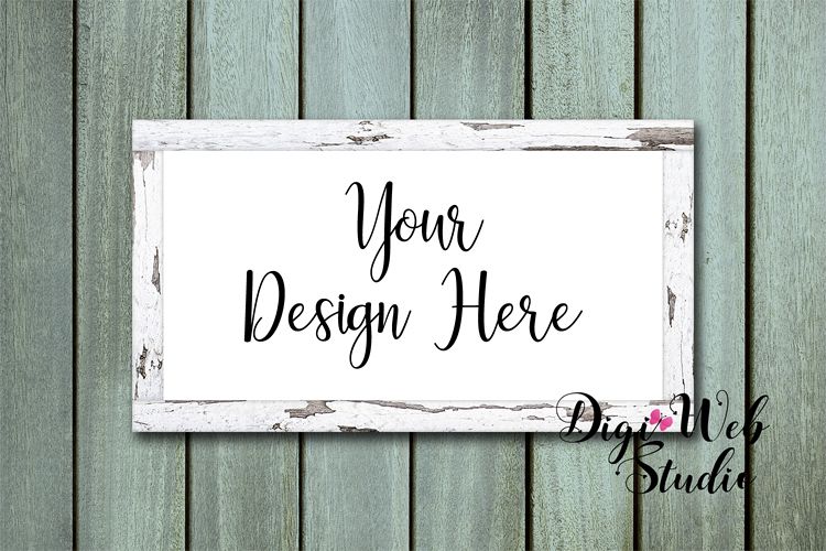 Wood Sign Mockup - White Distressed Wood Frame on Aqua Wood example image 1