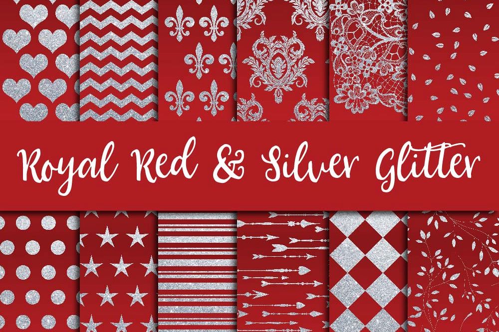 Royal Red & Silver Glitter Digital Paper example image 1