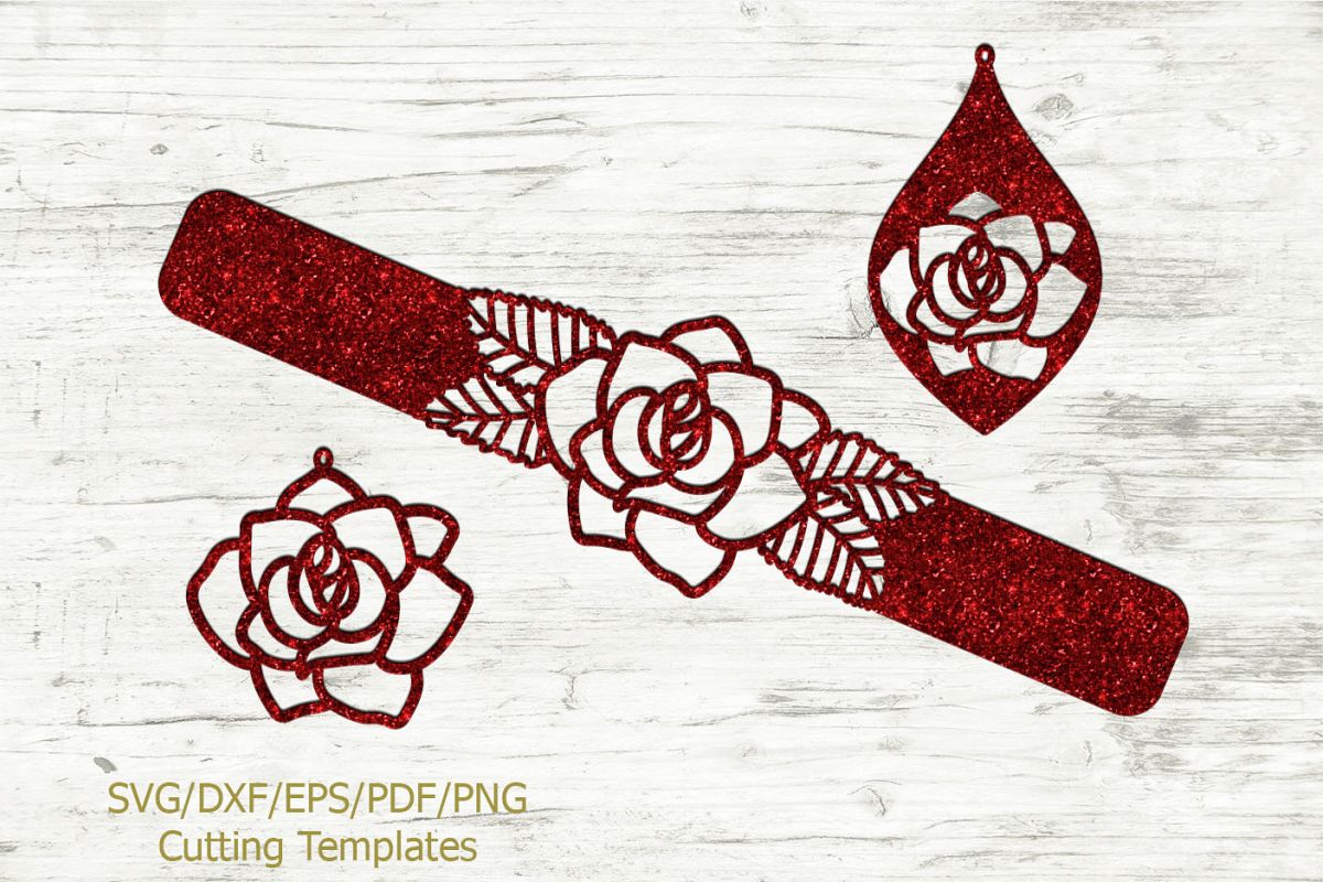 Download Rose Set of Cuff Bracelet and Earrings svg laser templates