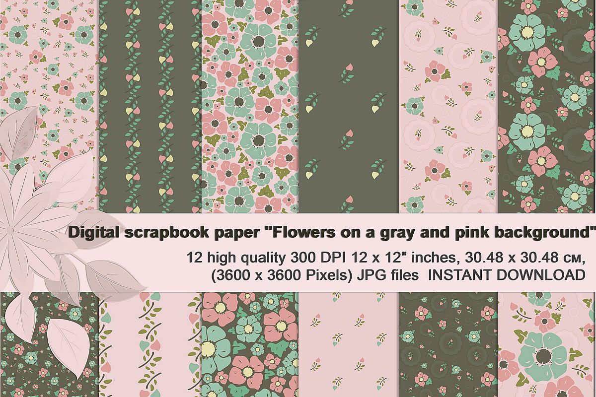 Vintage flowers, Gray and Pink Digital Paper example image 1