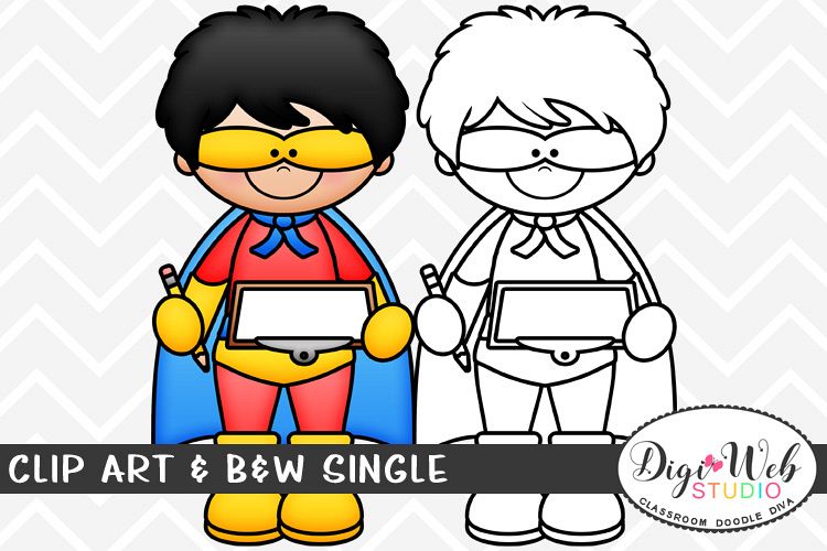 Clip Art & B&W Single - Superhero Boy w/ Pencil & Clipboard example image 1
