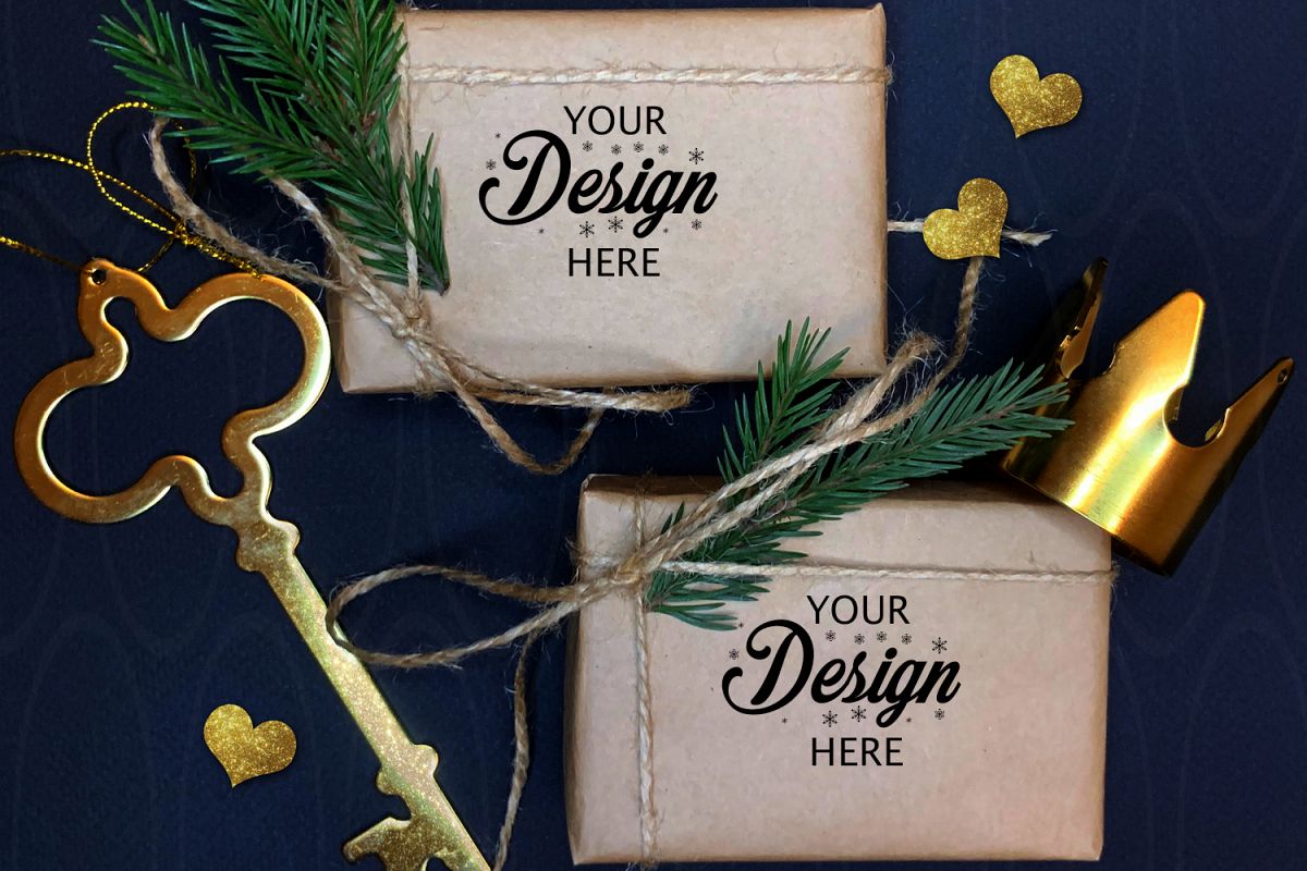 Gift Boxes Mockup Set Christmas gold decorations mock up example image 1