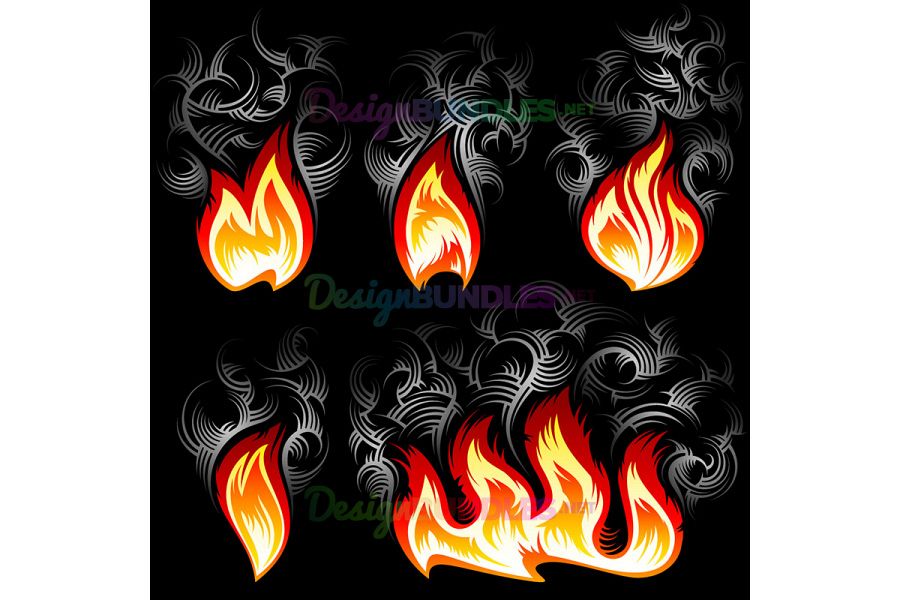 Vector Fire Smoke Spurt Flame Burning Color Ink Icon Set Black example image 1