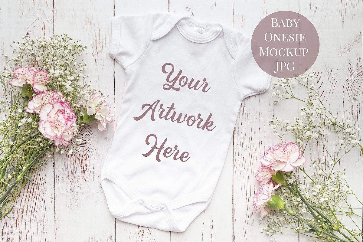 Onsie, Infant bodysuit Mockup, pink and white carnations example image 1
