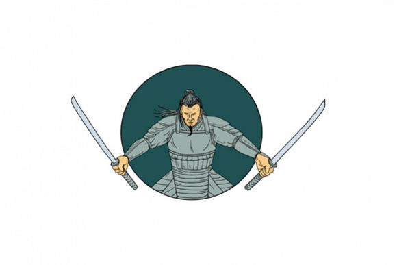 Samurai Warrior Wielding Two Swords Oval Drawing example image 1