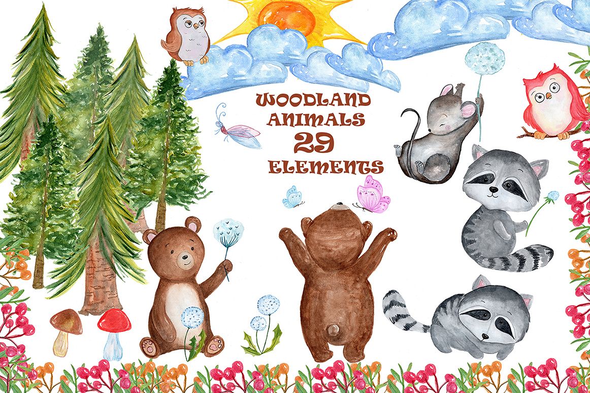 Watercolour forest animals clipart example image 1