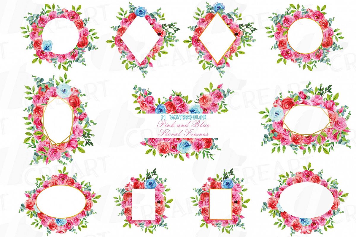 Boho pink and blue floral frames watercolor clip art pack example image 1