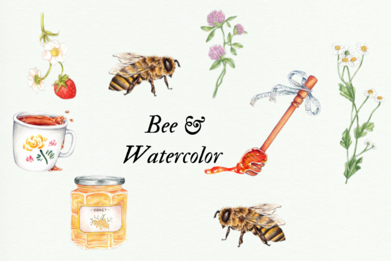 Watercolor Honey Clipart, Handpainted Bee Illustrations example image 1