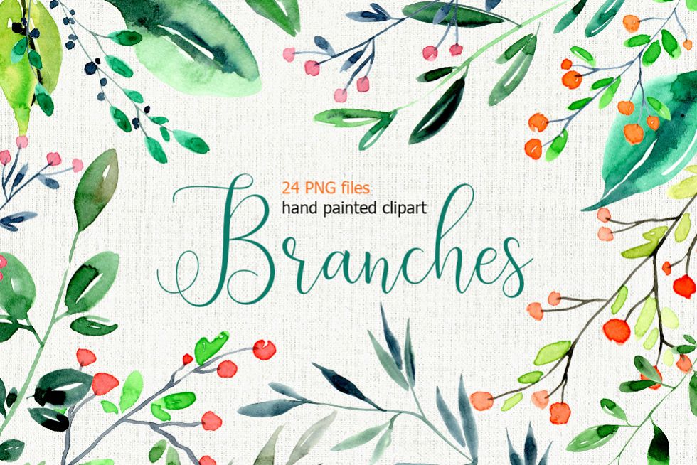 Watercolor branches, leaves 24 PNG files set example image 1