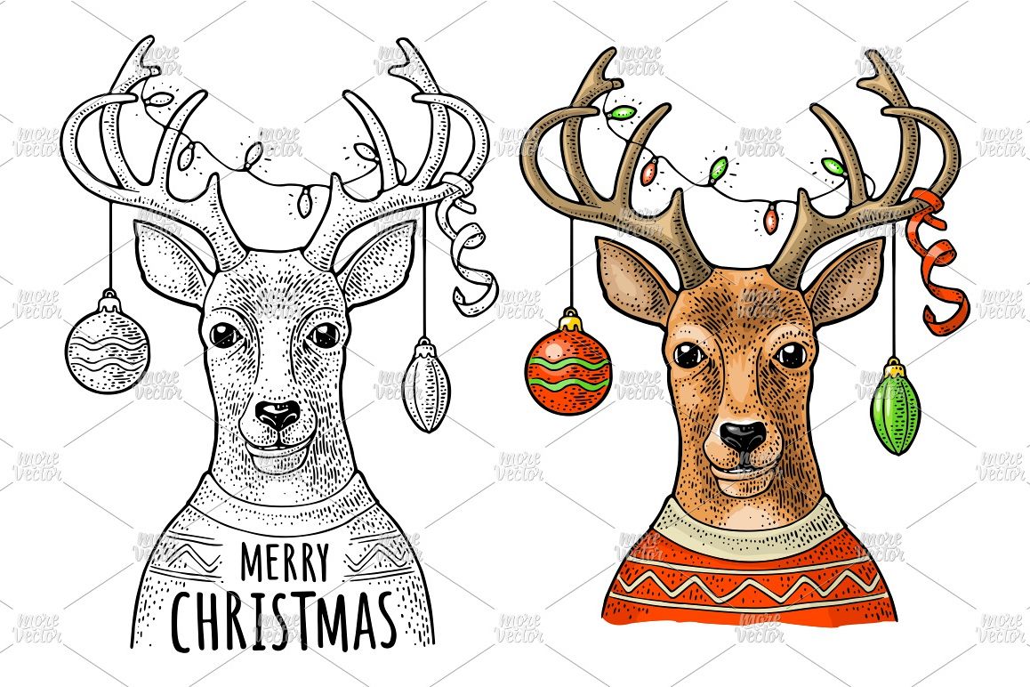 Deer christmas garland dressed sweater. Vintage engraving example image 1