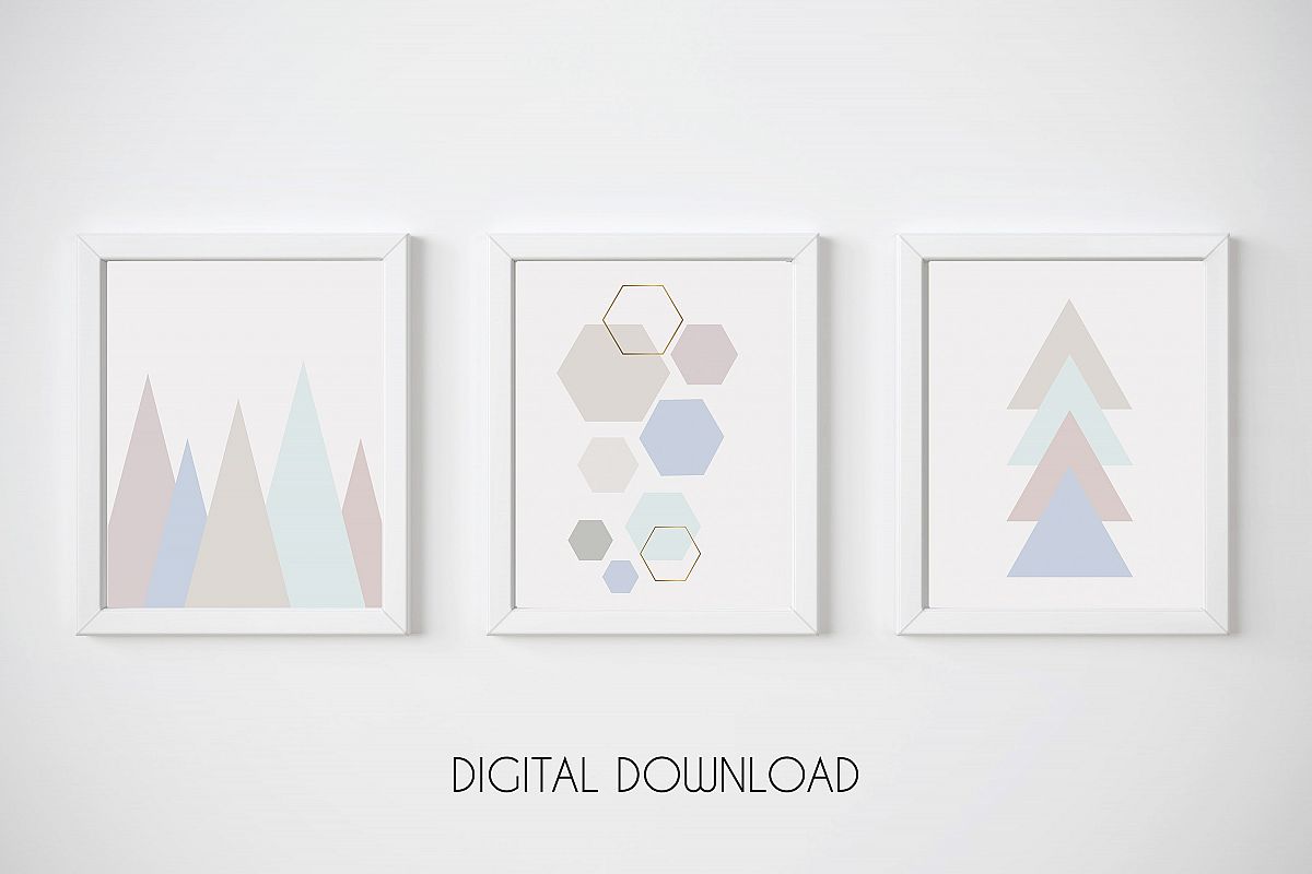 Geometric Print Set of 3, Blue and Pink Wall Art, Pastel Art example image 1