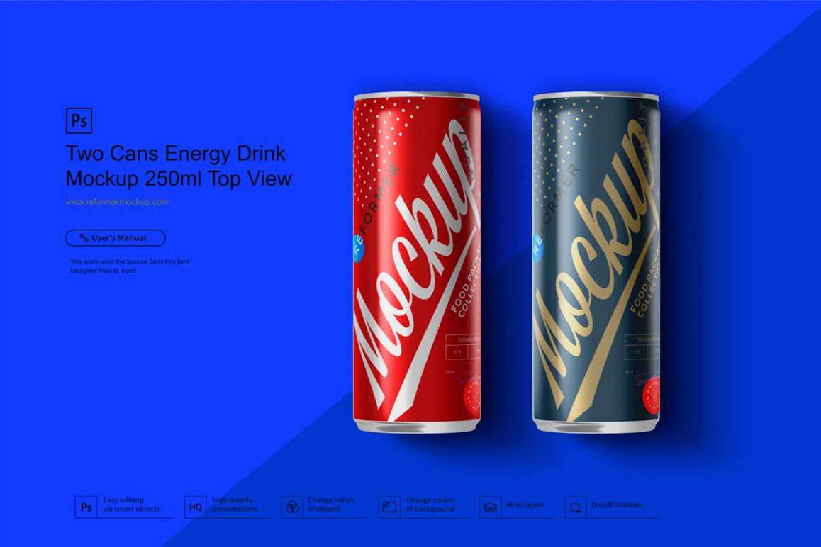 Two Cans Energy Drink Mockup 250ml Top View example image 1