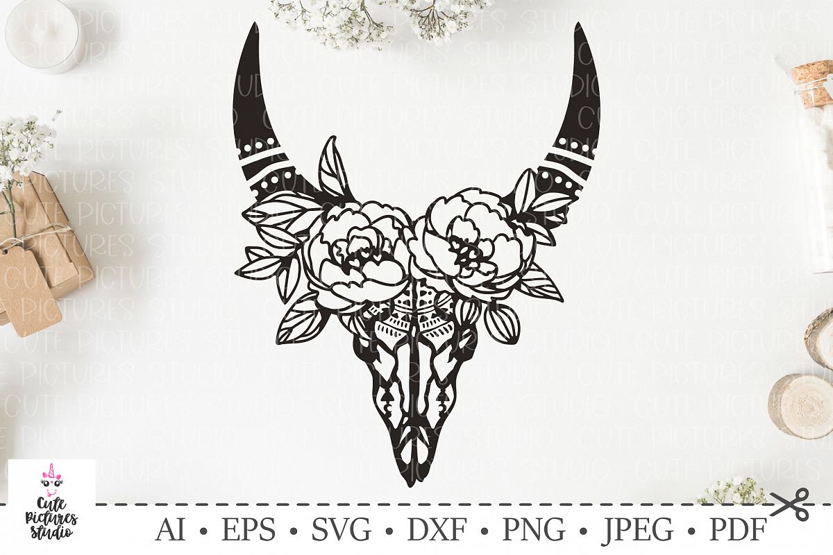 Skull of bull with a wreath of flowers and leaves. SVG cut. example image 1