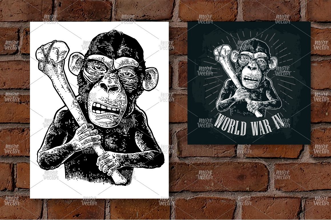 Monkey holding tibia. World War IV lettering. example image 1