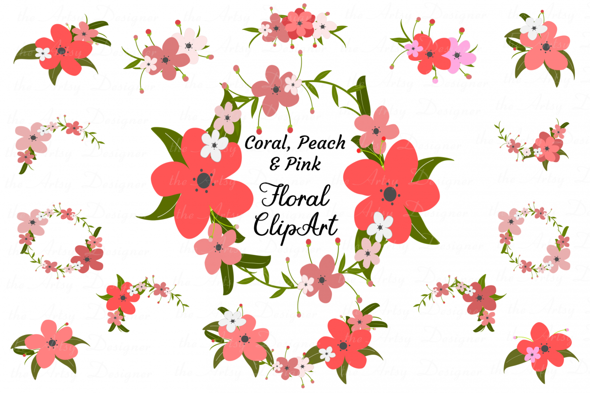 Coral Peach Pink Flowers Sublimation Clipart Bundle Floral example image 1