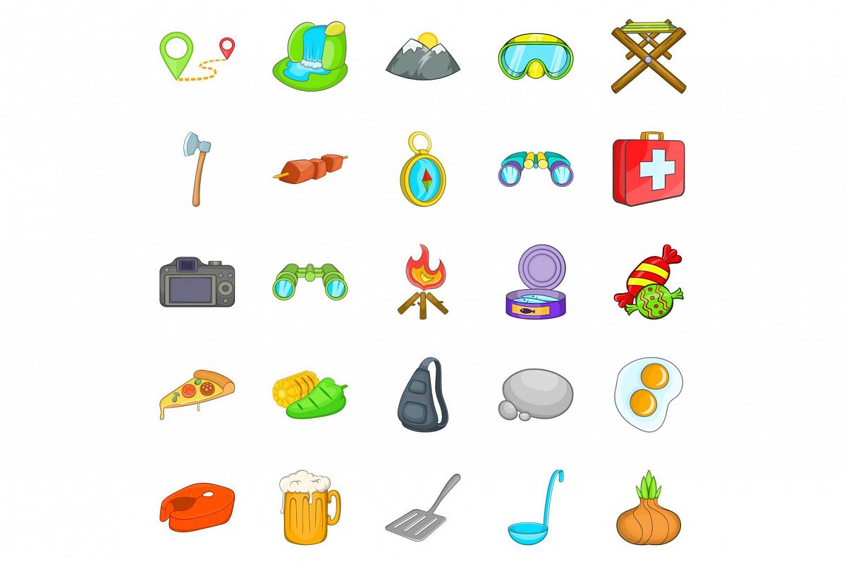 Campsite icons set, cartoon style example image 1