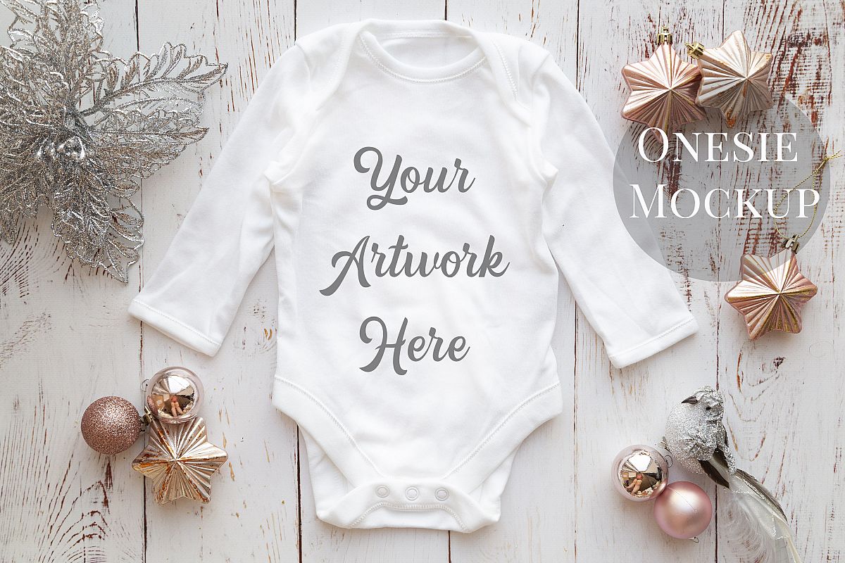 Long Sleeve Onsie, Infant bodysuit Mockup, rose gold & silve example image 1