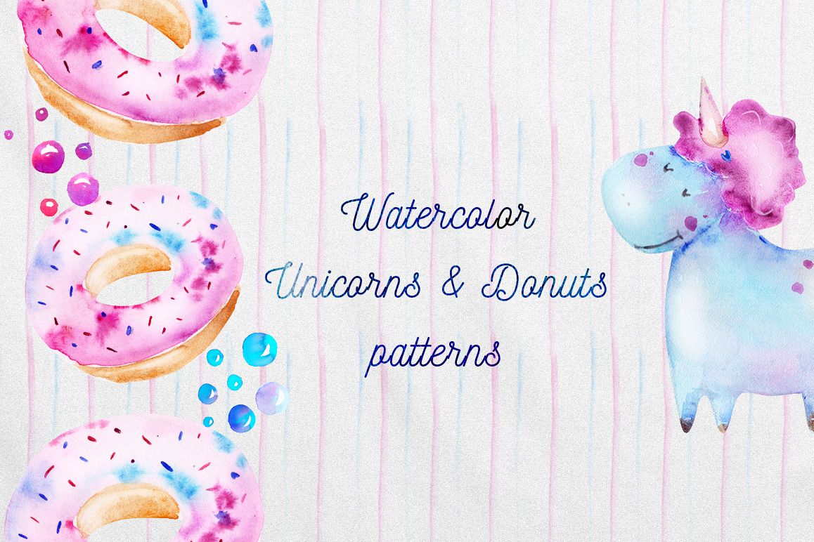 Watercolor Unicorns and Donuts patterns set example image 1