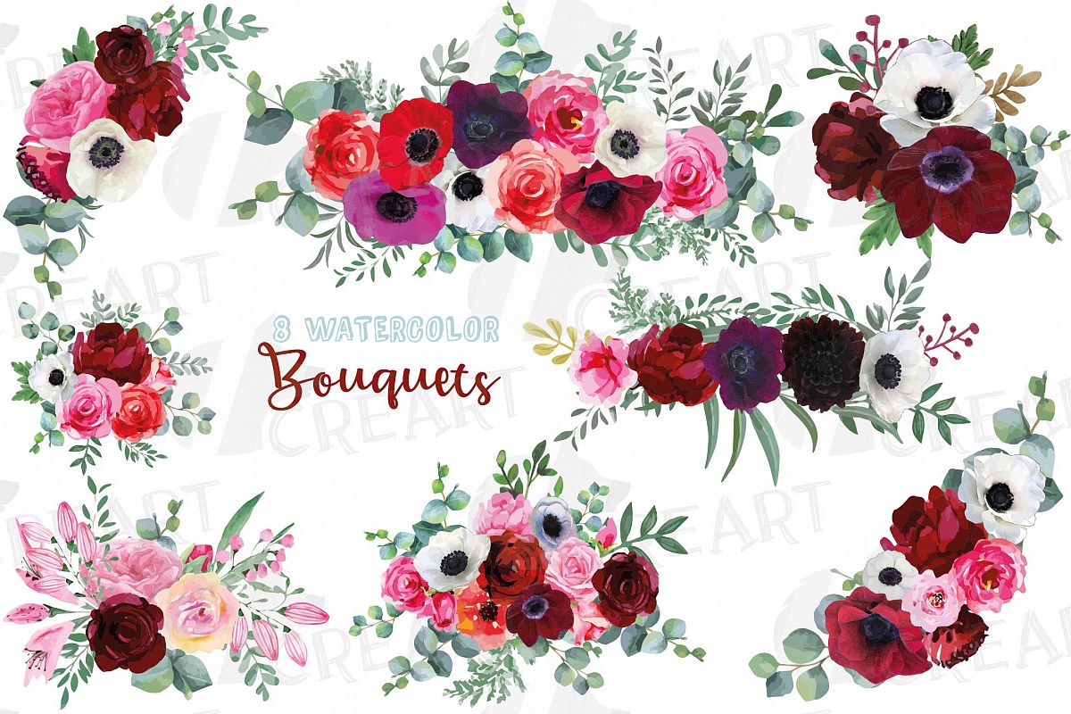 Watercolor elegant floral bouquets, rose, anemone decoration example image 1