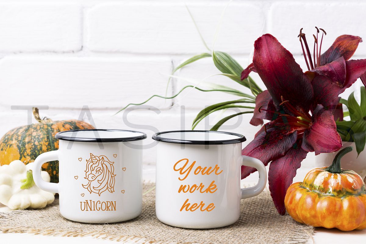 Two white campfire enamel mug mockup with pumpkin and lily. example image 1