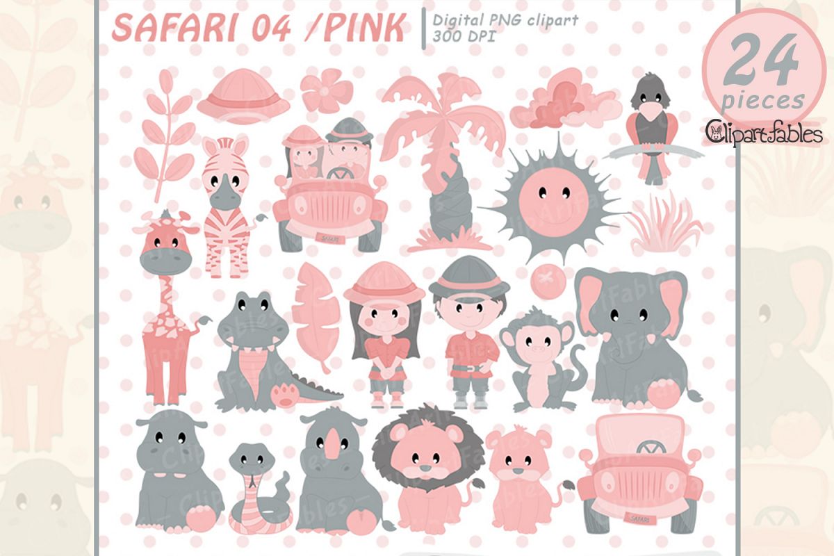Soft Pink and Grey safari clipart, Baby girl shower party example image 1