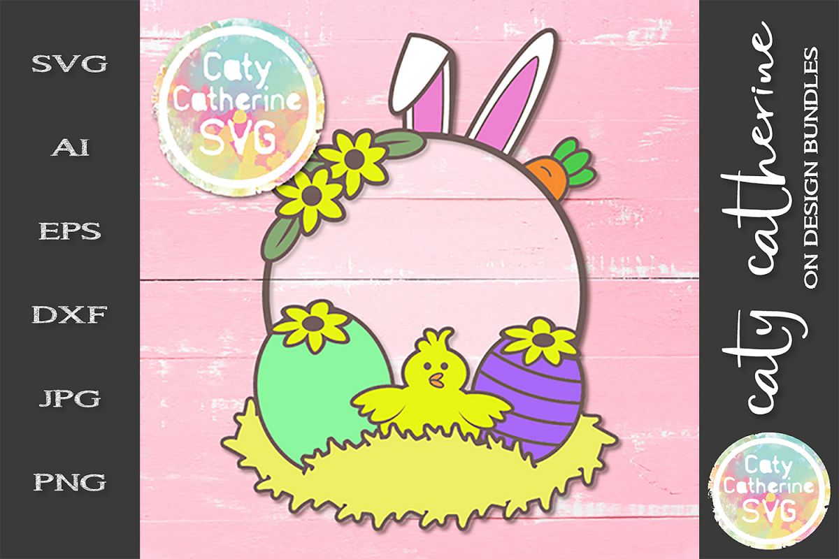 Easter Elements Monogram Frame Bunny Ears Carrot Chick SVG example image 1