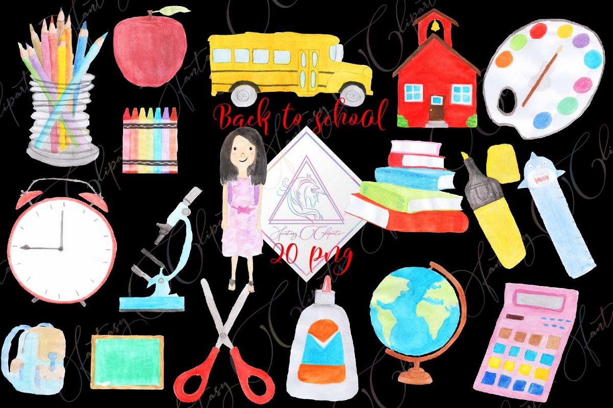 Watercolor Hand Drawn Back To School Clipart example image 1
