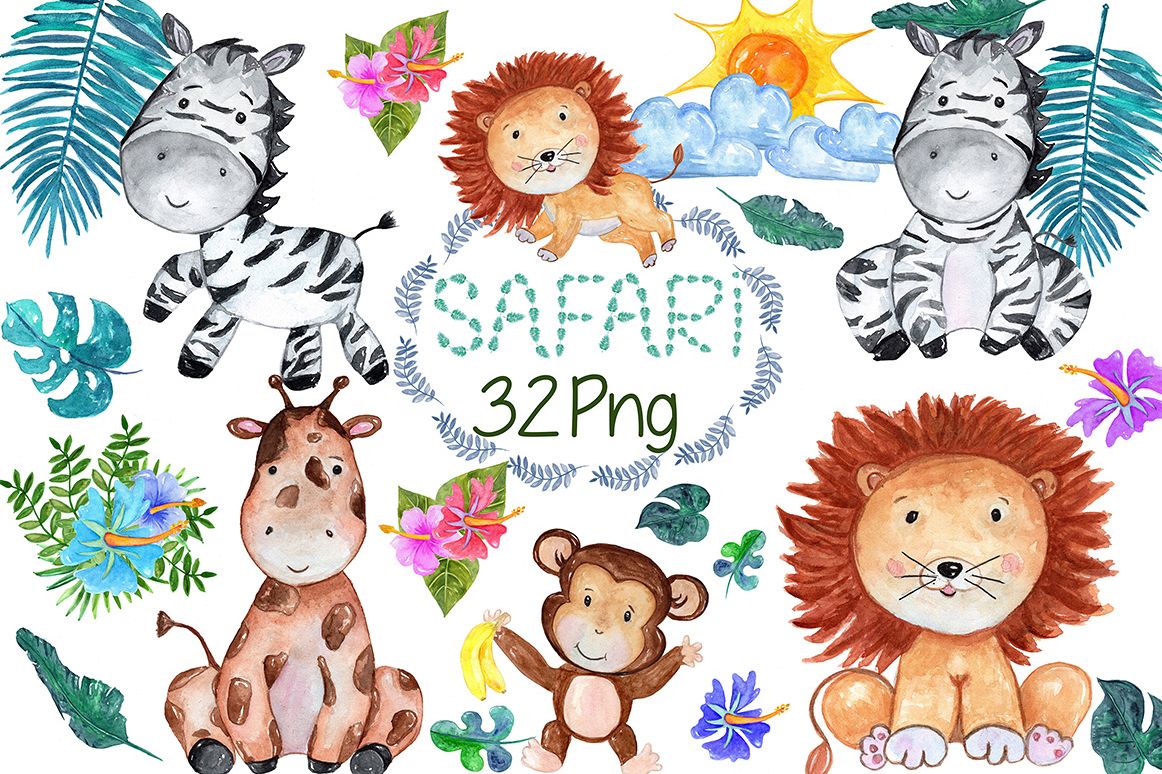 Watercolour Safari animals clip art example image 1