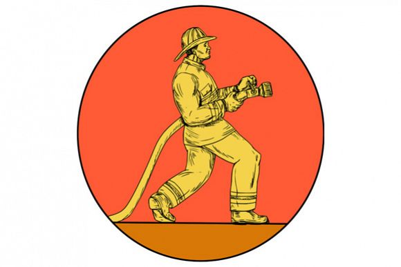 Fireman Firefighter Holding Fire Hose Circle Drawing example image 1
