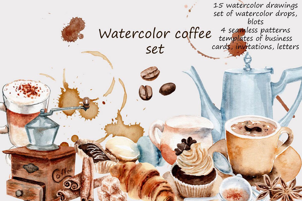 watercolor drawings coffee set example image 1