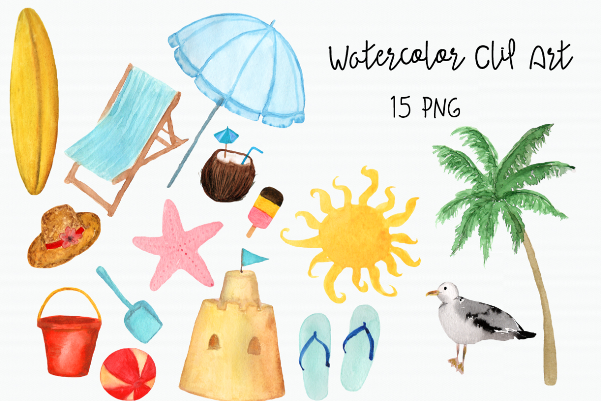 Hand-painted Watercolor Beach Clip Art example image 1