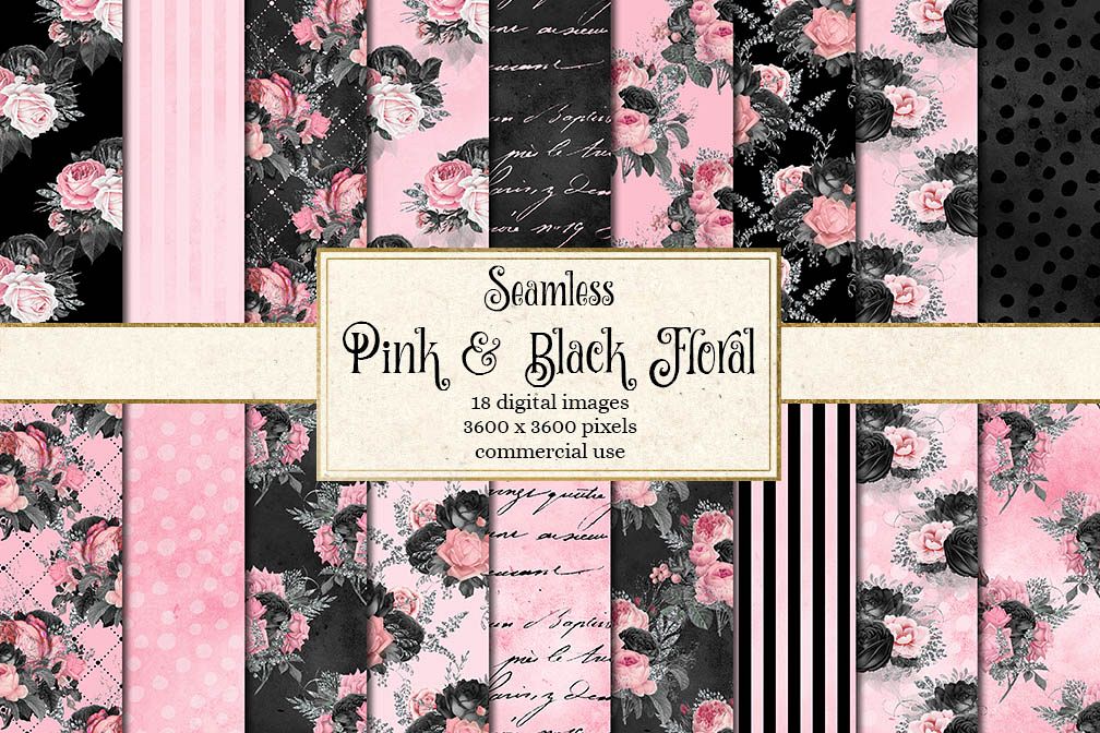Pink and Black Floral Digital Paper example image 1