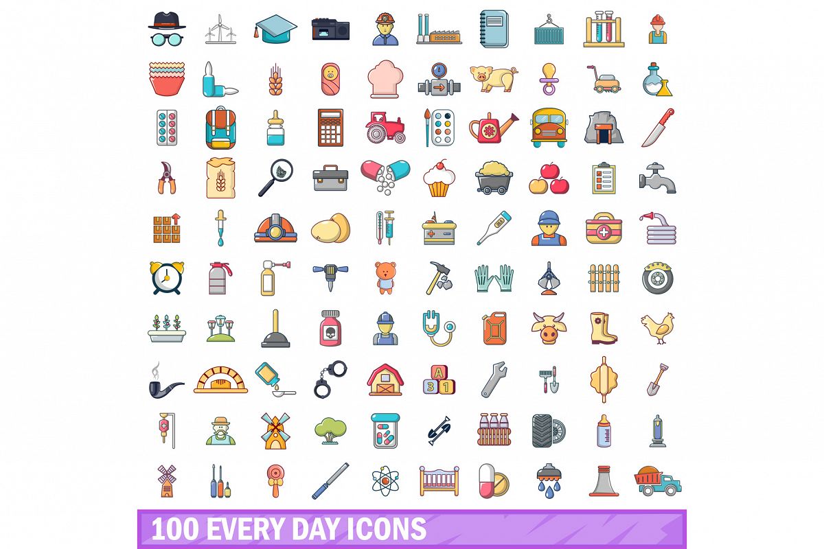 100 every day icons set, cartoon style example image 1