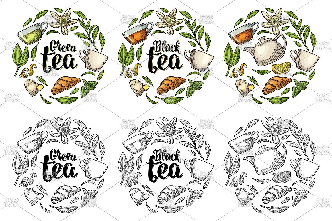 Set engraving illustration with lettering Black Green Tea. example image 1